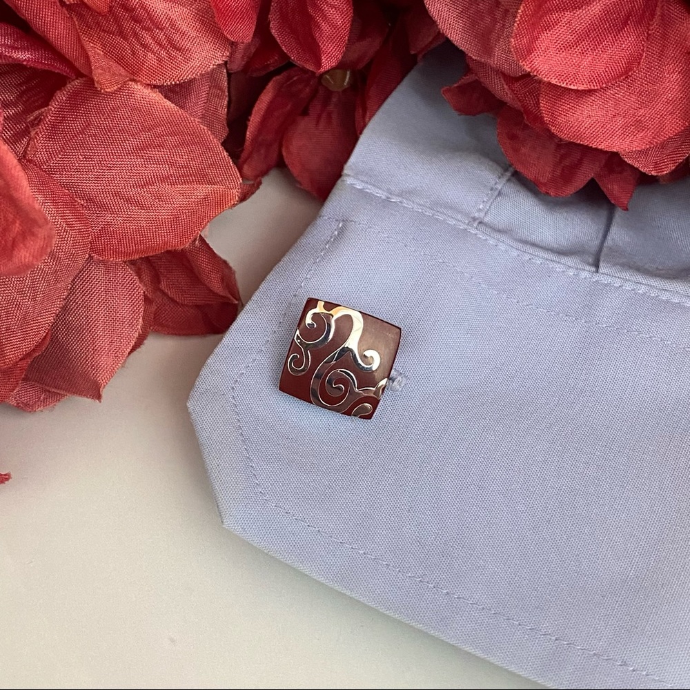 Elegant Coffee and Silver Square Cufflinks - Picture 9 of 16